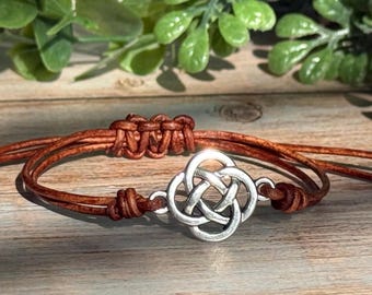 Celtic Knot Leather Bracelet – Celtic Symbol, Adjustable Brown Leather Cord