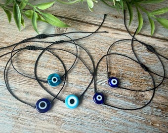 Evil Eye Bracelet, Adjustable Waxed Cord Bracelet, Glass Evil Eye Jewelry, Protection Bracelet, Minimalist Cord Bracelet, Unisex Bracelet