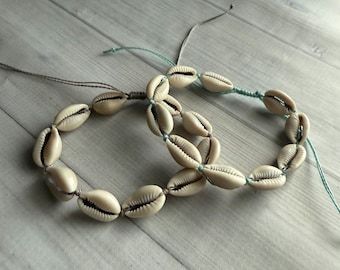 Natural Cowrie Shell Anklet with Aqua Waxed Polyester Cord – Beach Boho Adjustable Anklet, Surfer Summer Jewelry, Coastal Style Gift