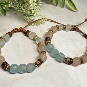Boho Ocean Inspired Recycled Sea Glass Bracelet, Java and Ghana glass beads, leather cord, natural materials, ocean inspired gift Bild 1
