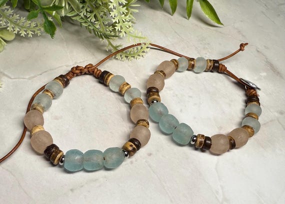 Boho Ocean Inspired Recycled Sea Glass Bracelet, Java and Ghana glass beads, leather cord, natural materials, ocean inspired gift
