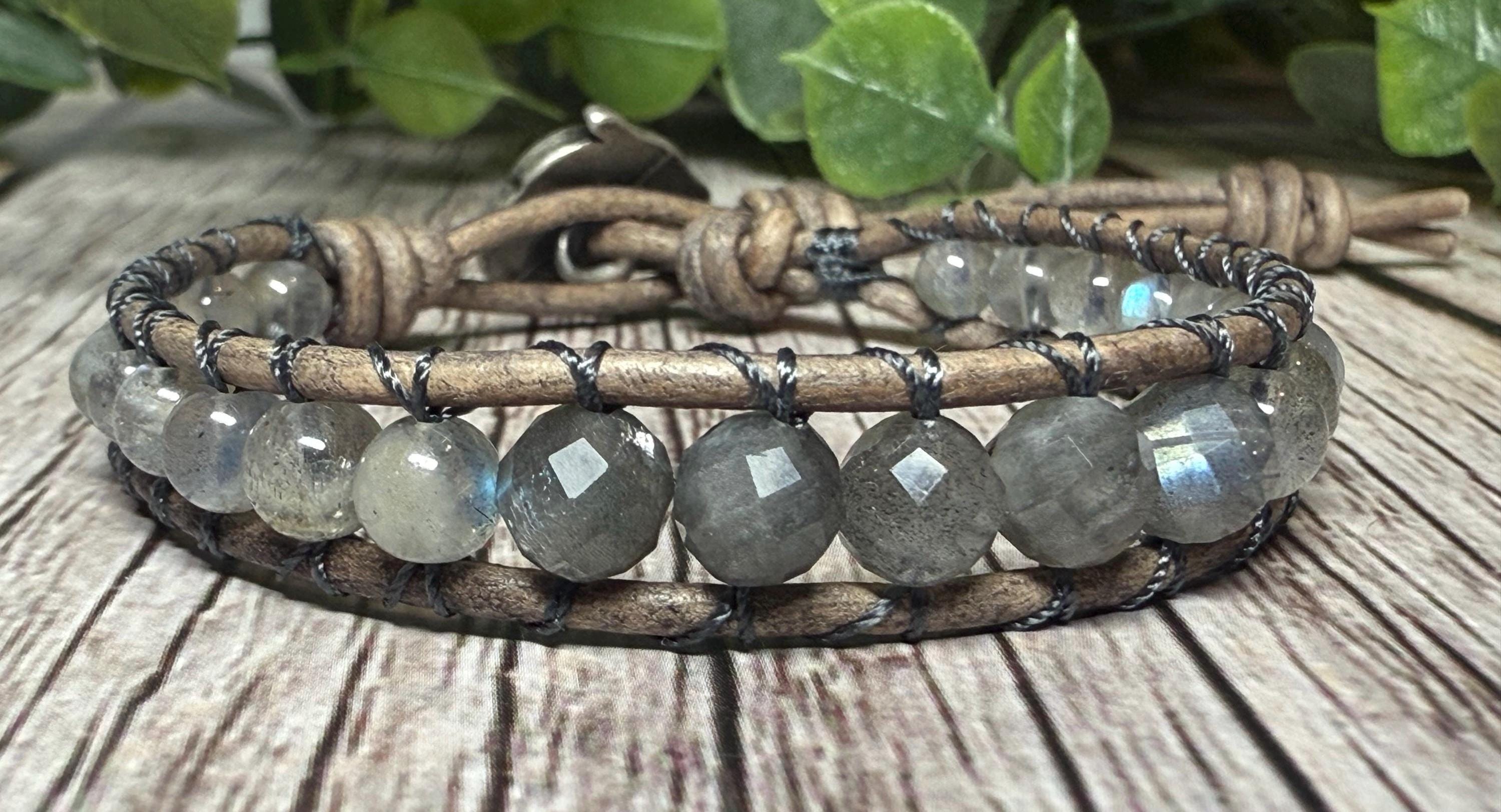 Nightwatch Owl Blue Labradorite Leather Gemstone Bracelet, Intuition & Protection, Distressed Gr