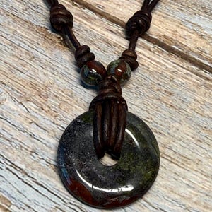 Boho Dragon Blood Jasper Necklace, 30mm Donut Pendant, Leather Cord Necklace, Adjustable Gemstone Jewelry, Earthy Statement Piece, unisex