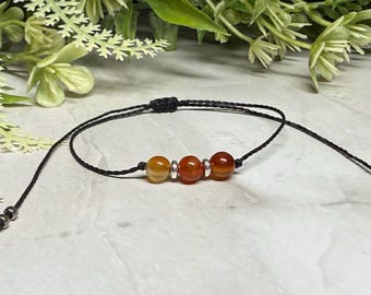 Carnelian Adjustable Cord Bracelet with Silver Spacers, Minimalist Orange Gemstone Bracelet, Handmade Boho Energy Jewelry, Gift for Her