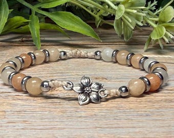 Boho Rose Aventurine Gemstone Bracelet with Jasmine Flower Charm | Adjustable Gemstone Jewelry | Stainless Steel Accents | Gift for Her