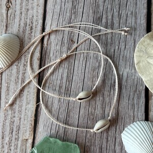 May include: Two adjustable bracelets made of thin, light beige cord, each featuring a single small, off-white cowrie shell at the center. The bracelets have sliding knot closures with loose cord ends, displayed alongside two white seashells and a sand dollar.