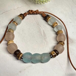 Boho Ocean Inspired Recycled Sea Glass Bracelet, Java and Ghana glass beads, leather cord, natural materials, ocean inspired gift Adjustable