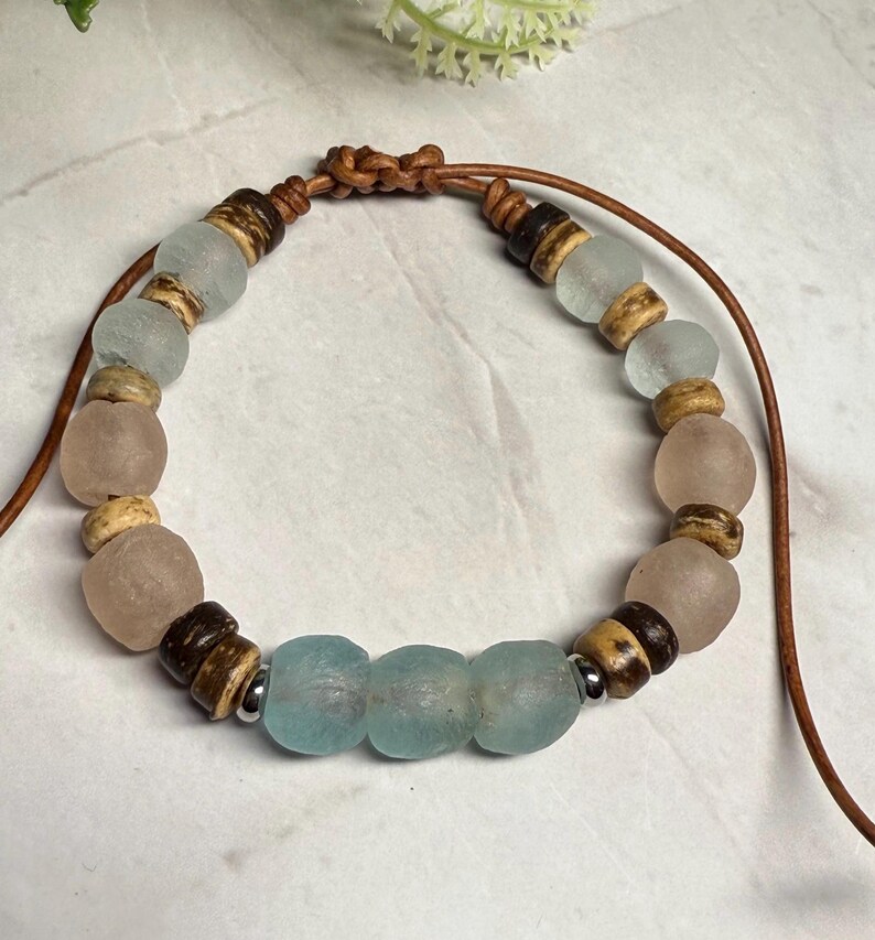 Boho Ocean Inspired Recycled Sea Glass Bracelet, Java and Ghana glass beads, leather cord, natural materials, ocean inspired gift Adjustable
