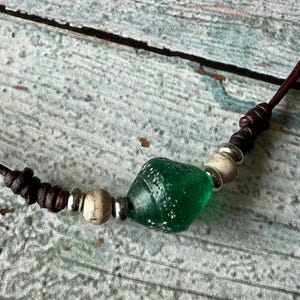 Recycled Green Java Glass Necklace, Green Glass & Leather Necklace, Nepal Bone Beads, Boho Adjustable  Jewelry