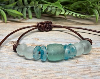 Boho Recycled Java Glass Bracelet, Aqua Sea Glass Style Bead, Genuine Leather Cord, Adjustable Minimalist Ocean Jewelry, Eco Friendly Gift