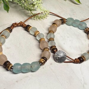 Boho Ocean Inspired Recycled Sea Glass Bracelet, Java and Ghana glass beads, leather cord, natural materials, ocean inspired gift Bild 12