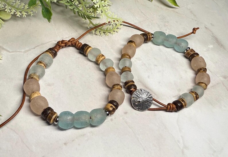 Boho Ocean Inspired Recycled Sea Glass Bracelet, Java and Ghana glass beads, leather cord, natural materials, ocean inspired gift Bild 12