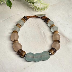 Boho Ocean Inspired Recycled Sea Glass Bracelet, Java and Ghana glass beads, leather cord, natural materials, ocean inspired gift Button Closure
