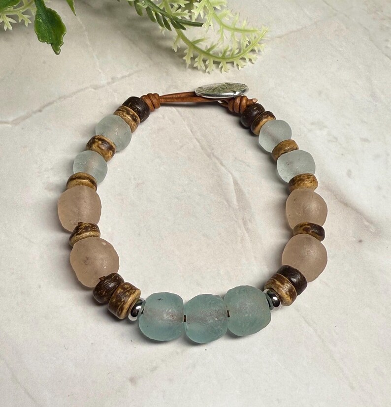 Boho Ocean Inspired Recycled Sea Glass Bracelet, Java and Ghana glass beads, leather cord, natural materials, ocean inspired gift Button Closure