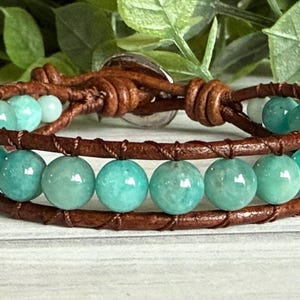 Brazil Amazonite Leather Wrap Bracelet • aqua gemstones• Antique Pewter Button • Handmade Boho Jewelry