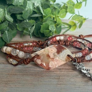 Sakura Blossom Agate Triple Wrap Bracelet – AAA Sakura Agate Focal, Cherry Blossom Agate, Cherry Quartz, Strawberry Quartz, Genuine Leather