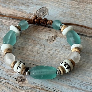 Recycled Sea Glass and Bone Bead Bracelet, Java and Ghana Glass, Coconut Shell, Leather Cord,  Adjustable Boho Artisan beach Jewelry, Gift