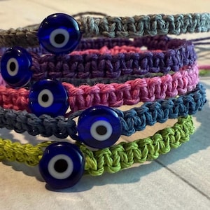 Glass evil eye. Natural hemp bracelet, Evil eye glass bead, blue evil eye. Adjustable drawstring hemp bracelet. Evil eye braided bracelet