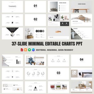 Puede incluir: Un conjunto de 37 gráficos minimalistas editables en una presentación de PowerPoint. Los gráficos están diseñados para su uso en presentaciones de diseño de interiores. La presentación incluye una variedad de tipos de gráficos, incluidos gráficos de barras, gráficos circulares y gráficos de líneas. Todos los gráficos son editables y se pueden personalizar para que se ajusten a sus necesidades.