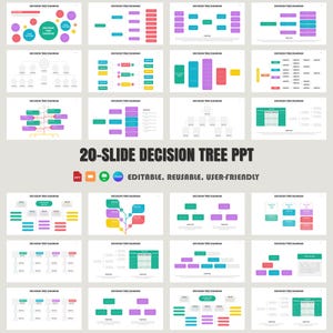 Puede incluir: Una plantilla de presentación con 20 diapositivas para crear diagramas de árbol de decisión. Las diapositivas presentan diferentes diseños con diferentes formas y colores, incluidos círculos, cuadrados, rectángulos y líneas. El texto "20-Slide Decision Tree PPT" se muestra en el centro de la imagen.