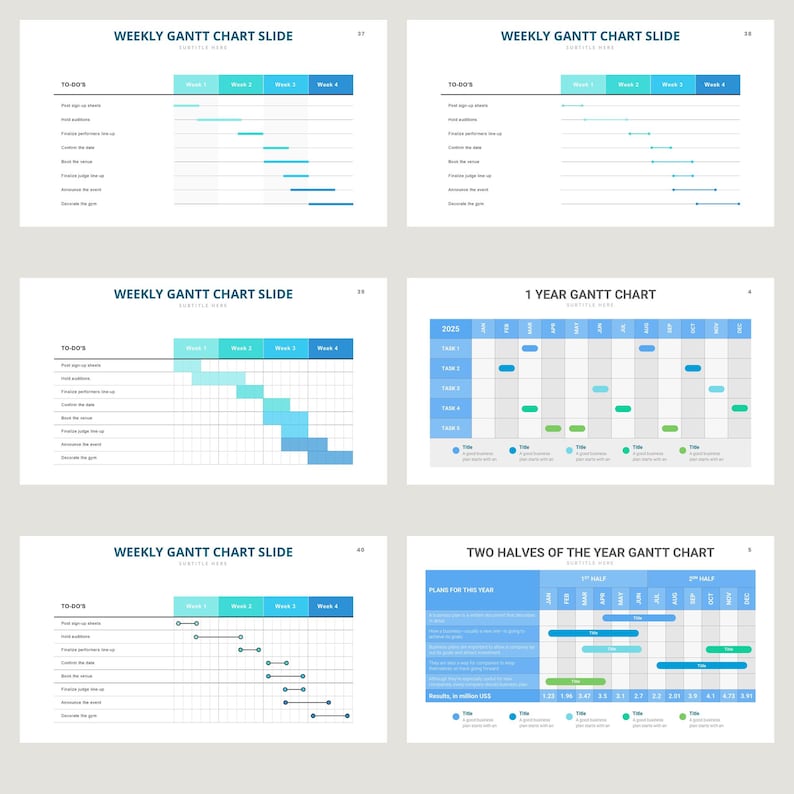 May include: Four slides showing different types of Gantt charts. The charts are used to visually represent project schedules and timelines. The charts are color-coded and include labels for tasks, deadlines, and milestones.