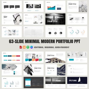 May include: A 63-slide minimal modern portfolio PowerPoint presentation template. The template features a clean and modern design with a variety of slide layouts, including title slides, image slides, text slides, and chart slides. The template is editable and reusable, making it a great choice for businesses and individuals who want to create professional presentations.