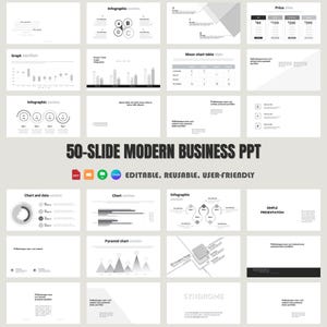 Könnte beinhalten: Ein Satz von 50 modernen Business-Präsentationsfolien mit einer Vielzahl von Diagrammen, Grafiken und Infografiken. Die Folien sind editierbar, wiederverwendbar und benutzerfreundlich. Die Folien sind in einem minimalistischen Stil mit einem Schwarz-Weiß-Farbschema gestaltet.