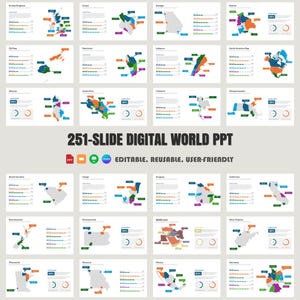 May include: A digital world map PowerPoint template with 251 slides. The template features a variety of maps, charts, and graphs that can be used to present data and information about the world. The template is editable, reusable, and user-friendly.