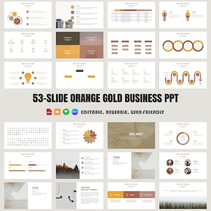 Puede incluir: Una plantilla de presentación de negocios de 53 diapositivas con un esquema de color naranja y dorado. La plantilla incluye una variedad de gráficos, tablas y diagramas, así como imágenes y marcadores de posición de texto. La plantilla es editable, reutilizable y fácil de usar.