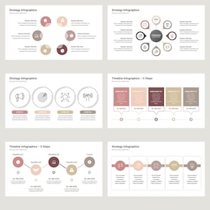 May include: A set of six infographic slides with a pink, brown, and beige color scheme. The slides feature icons, timelines, and text boxes. The icons include a megaphone, a target, a star, a dumbbell, a house, a lightbulb, a gear, a clock, a brain, a hand, a warning sign, and a gear. The timelines show dates and milestones. The text boxes contain headings and bullet points.