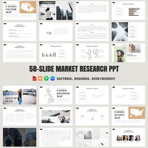 Könnte beinhalten: Eine 58-Folien-PowerPoint-Präsentationsvorlage für Marktforschung mit modernem, minimalistischem Design. Die Vorlage enthält Karten von Kanada, dem Vereinigten Königreich und den Vereinigten Staaten sowie Diagramme, Grafiken und andere Elemente zur Datenvisualisierung. Die Vorlage ist editierbar, wiederverwendbar und benutzerfreundlich.
