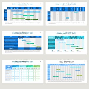 May include: A set of five Gantt chart slides for project management. The slides are designed to help users visualize and track project timelines, tasks, and milestones. The slides feature a blue and green color scheme and include titles such as "Three-Year Gantt Chart Slide", "Five-Year Gantt Chart Slide", "Quarterly Gantt Chart Slide", "Annual Gantt Chart Slide", and "1 Year Gantt Chart".