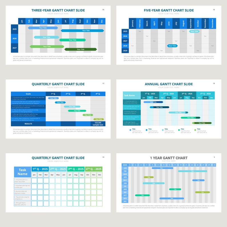 May include: A set of five Gantt chart slides for project management. The slides are designed to help users visualize and track project timelines, tasks, and milestones. The slides feature a blue and green color scheme and include titles such as "Three-Year Gantt Chart Slide", "Five-Year Gantt Chart Slide", "Quarterly Gantt Chart Slide", "Annual Gantt Chart Slide", and "1 Year Gantt Chart".