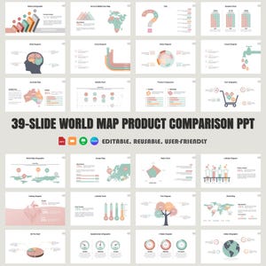 39 スライド チャート インフォグラフィック 世界地図 製品比較テンプレート (PowerPoint、Google スライド用) | 編集可能なプロフェッショナル デッキ 製品分析
