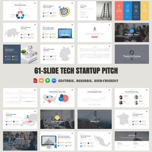 61-Slide Tech Startup Pitch Template with Diagrams Marketing Strategies Service Demo Process Infographics and Editable Excel Charts