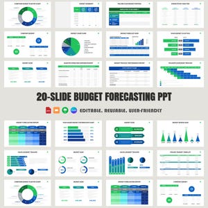 May include: A 20-slide PowerPoint presentation template for budget forecasting. The template includes charts, graphs, and tables to help you track your budget and make informed financial decisions. The template is editable, reusable, and user-friendly.