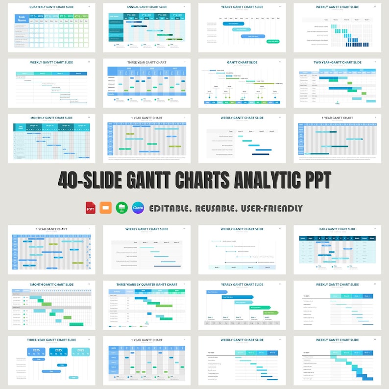 May include: A set of 40 PowerPoint slides featuring Gantt charts for project management. The slides are editable, reusable, and user-friendly. The charts are in a blue and green color scheme.