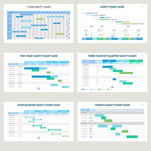 May include: Five different Gantt chart slides with blue, green, and gray colors. The charts show project timelines with tasks and deadlines. The slides are titled "1 Year Gantt Chart", "Gantt Chart Slide", "Two Year-Gantt Chart Slide", "Three Years by Quarter Gantt Chart", "Four Quarter Gantt Chart Slide", and "1 Month Gantt Chart Slide".