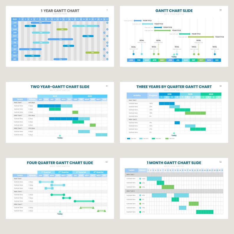 May include: Five different Gantt chart slides with blue, green, and gray colors. The charts show project timelines with tasks and deadlines. The slides are titled "1 Year Gantt Chart", "Gantt Chart Slide", "Two Year-Gantt Chart Slide", "Three Years by Quarter Gantt Chart", "Four Quarter Gantt Chart Slide", and "1 Month Gantt Chart Slide".