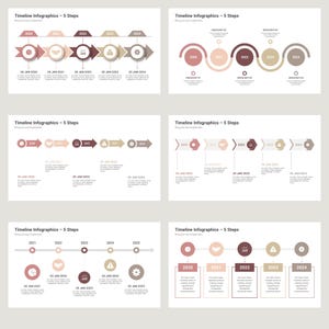 May include: A set of five timeline infographics with a brown, beige, and pink color scheme. Each infographic shows a timeline with five steps, each step represented by a circle with an icon. The icons include a pie chart, a bird, an arrow, a warning sign, and a gear. The timelines are labeled with the years 2020, 2021, 2022, 2023, and 2024.