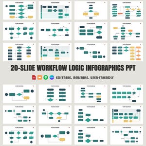 20-Folien-Flow-Arbeitsablauf logische Ablauf Infografik-Vorlage für Power Point, Google Slides | Bearbeitbares professionelles Deck für Prozess-Visualisierung