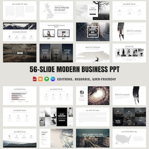 Peut inclure: Un modèle de présentation PowerPoint moderne pour les entreprises, composé de 56 diapositives avec un schéma de couleurs noir et blanc. Le modèle comprend une variété de diapositives, notamment des graphiques, des tableaux, des chronologies et des images. Le modèle est modifiable, réutilisable et convivial.