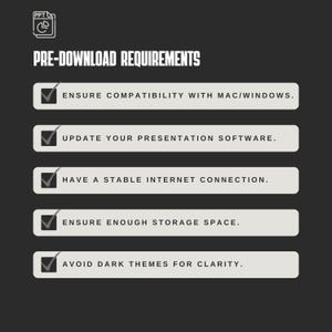 May include: A checklist of five pre-download requirements for a presentation software. The requirements include ensuring compatibility with Mac or Windows, updating presentation software, having a stable internet connection, ensuring enough storage space, and avoiding dark themes for clarity.