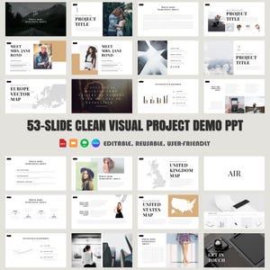 Puede incluir: Una plantilla de presentación con 53 diapositivas que presentan un diseño visual limpio. La plantilla es editable, reutilizable y fácil de usar. Las diapositivas incluyen una variedad de diseños, como diapositivas de título, diapositivas de imagen, diapositivas de texto y diapositivas de visualización de datos. La plantilla es perfecta para crear presentaciones profesionales para empresas, educación o uso personal.