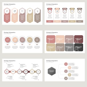 May include: A set of strategy infographic templates with different layouts and icons. The templates are in a light brown and pink color scheme. The text on the templates includes "Strategy Infographics", "Carto Presentation Templates", and "STEP 01".