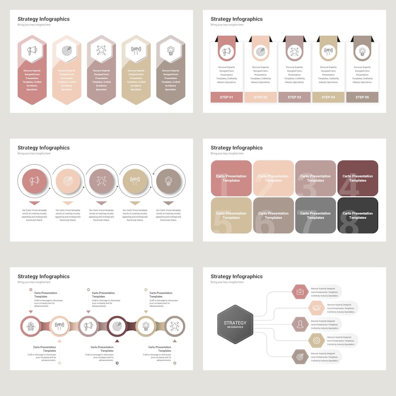 May include: A set of strategy infographic templates with different layouts and icons. The templates are in a light brown and pink color scheme. The text on the templates includes "Strategy Infographics", "Carto Presentation Templates", and "STEP 01".