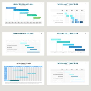 May include: A set of five slides showing different Gantt charts for project management. The charts are color-coded and show tasks, deadlines, and progress. The slides are titled "Yearly Gantt Chart Slide", "Weekly Gantt Chart Slide", and "1 Year Gantt Chart".