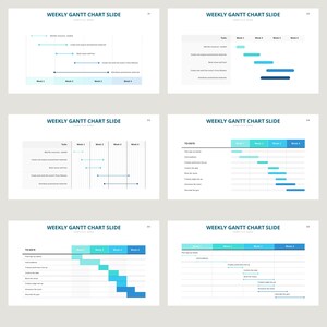 May include: A weekly Gantt chart slide template with a blue and light blue color scheme. The chart is divided into weeks and tasks. The tasks are listed on the left side of the chart, and the weeks are listed on the top of the chart. The chart shows the progress of each task over time.