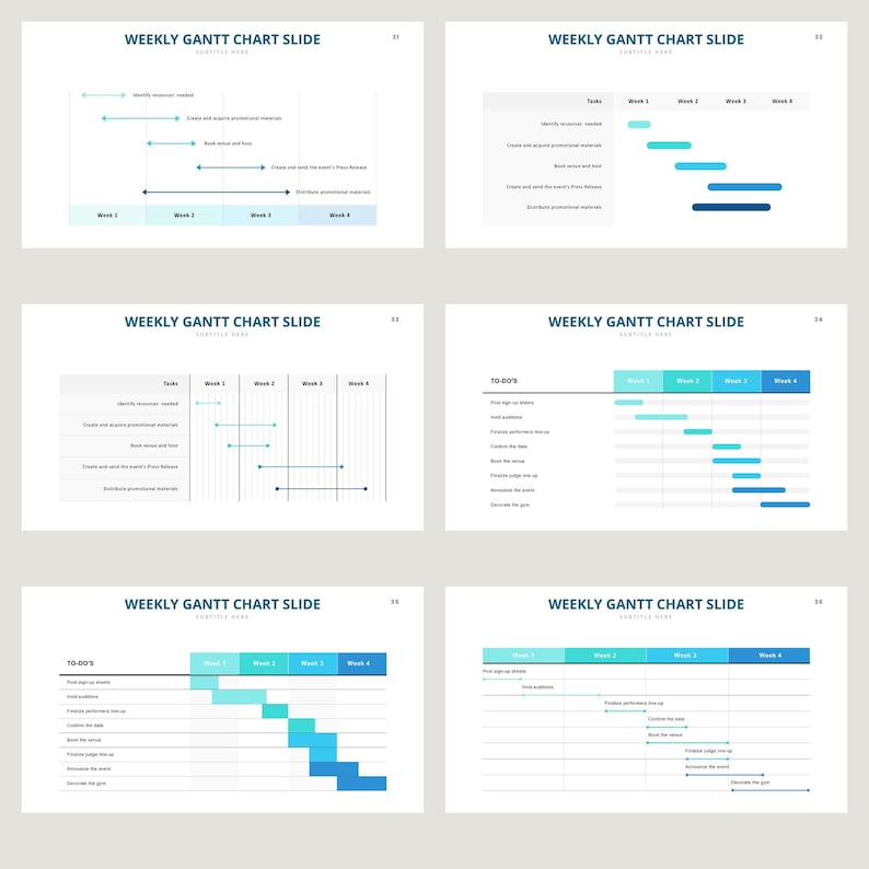 May include: A weekly Gantt chart slide template with a blue and light blue color scheme. The chart is divided into weeks and tasks. The tasks are listed on the left side of the chart, and the weeks are listed on the top of the chart. The chart shows the progress of each task over time.