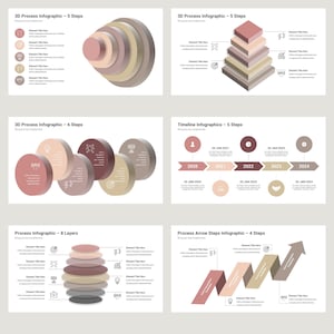 May include: A set of five infographic templates with different styles, including 3D circles, pyramids, timelines, and arrows. The templates are designed to illustrate a process with 5, 6, or 8 steps. The color scheme is a combination of beige, brown, and pink.